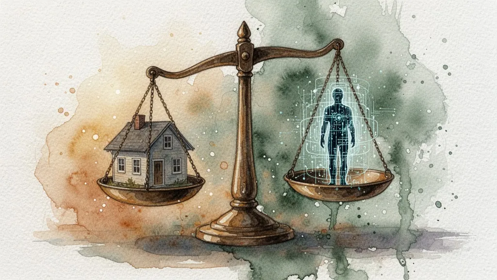 Balanza con una casa en un lado y una persona envuelta en una red digital en el otro, simbolizando el conflicto entre necesidades sociales y control.