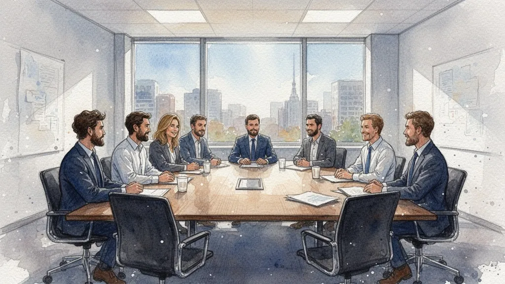Corporate boardroom meeting with startup founders and executives