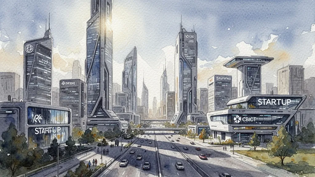 Future cityscape with integrated corporate and startup hubs