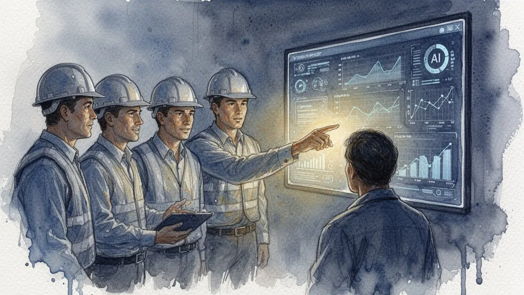 Equipo revisando un panel de control digital con métricas de IA en acuarela