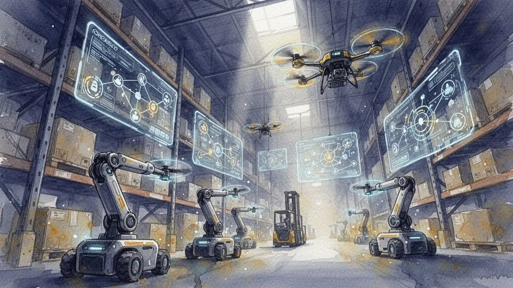 Visión futurista de almacén autónomo con robots y hologramas en acuarela