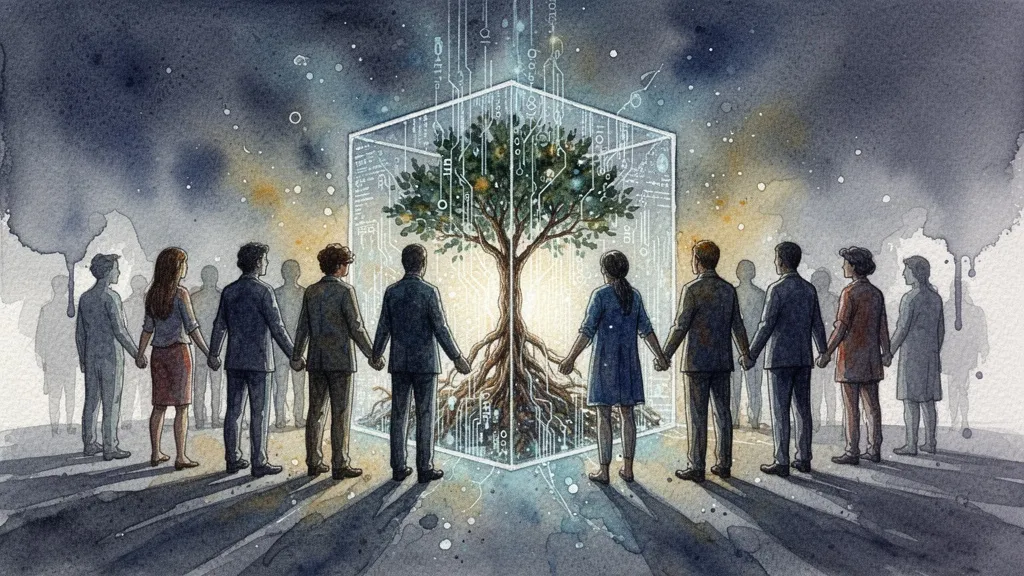 Siluetas colaborando alrededor de un cubo transparente con un árbol de datos