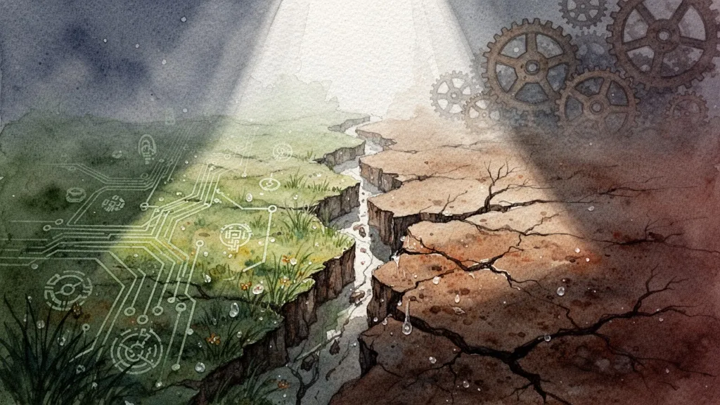 Paisaje dividido en acuarela, mitad fértil y moderna, mitad árida y tradicional