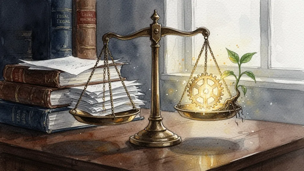 Acuarela de una balanza con libros regulatorios de un lado y un engranaje brillante del otro
