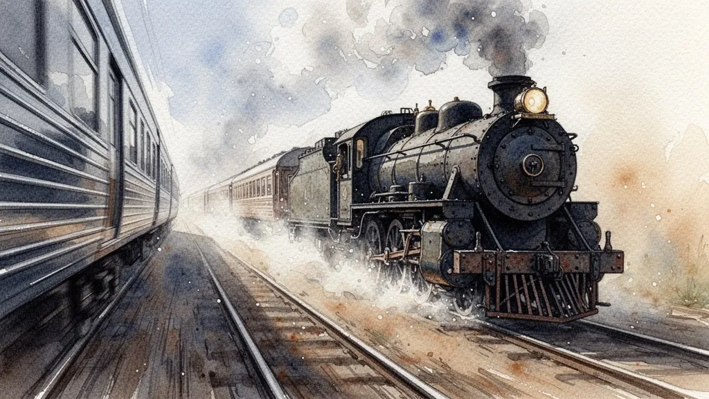 Acuarela de un tren moderno adelantando a una locomotora de vapor en vías paralelas