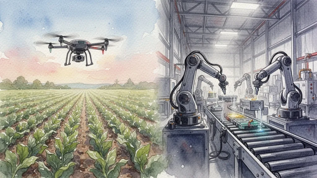 Acuarela dividida que muestra un campo agrícola con dron y un almacén automatizado con robots