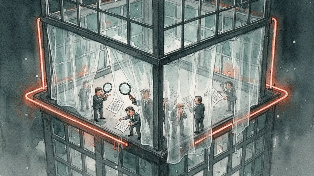 Gran estructura con ventanas y cortina traslúcida, pequeñas figuras con lupas intentando ver el interior.