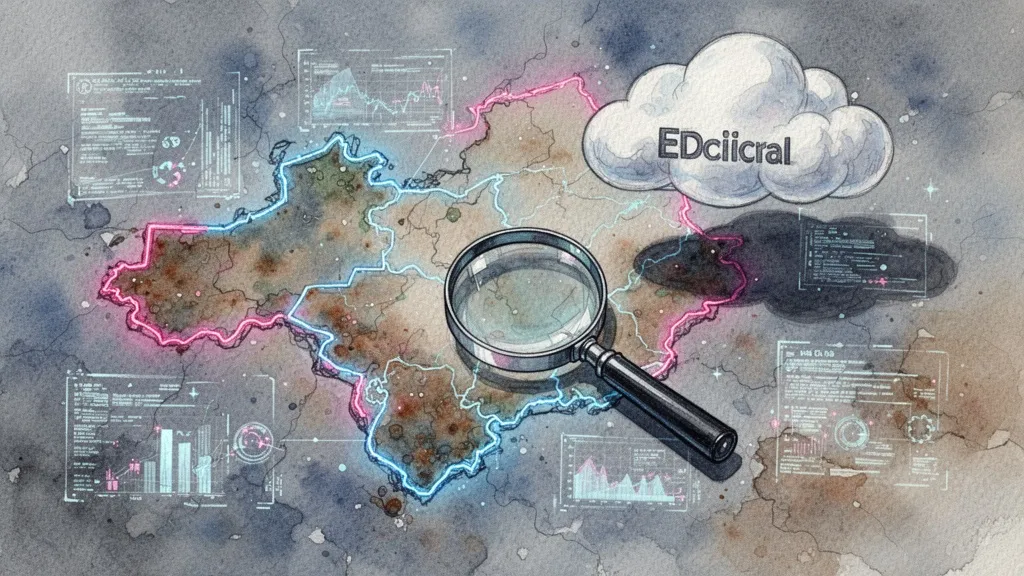Mapa estilizado con fronteras iluminadas, flujos de datos y lupa sobre una región, sombra de nube corporativa.