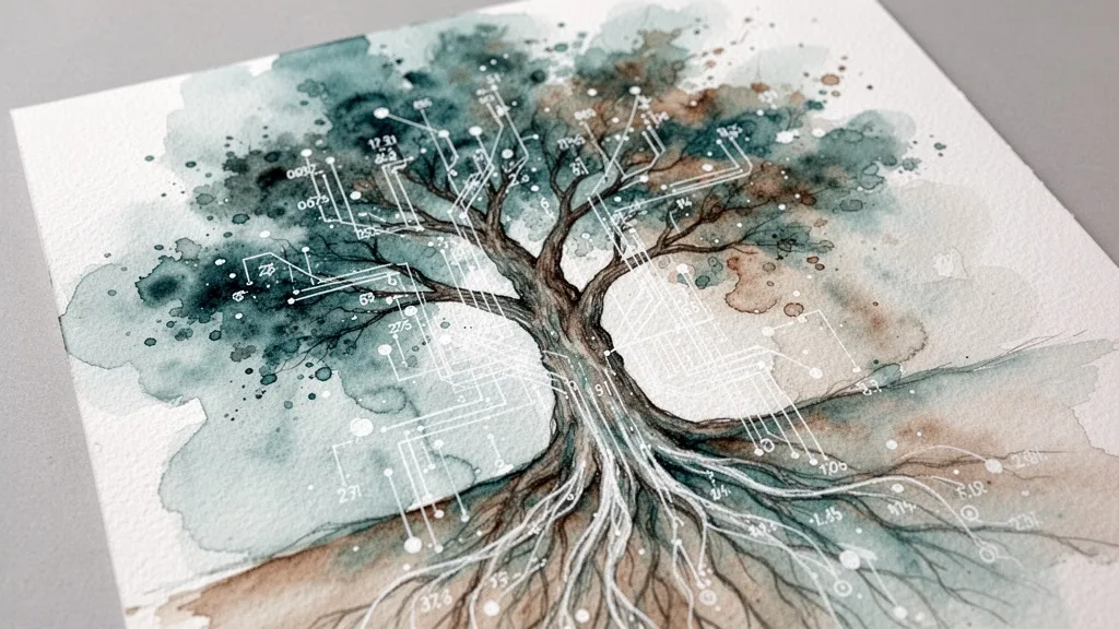 Acuarela de árbol con flujos de datos desde raíces a ramas