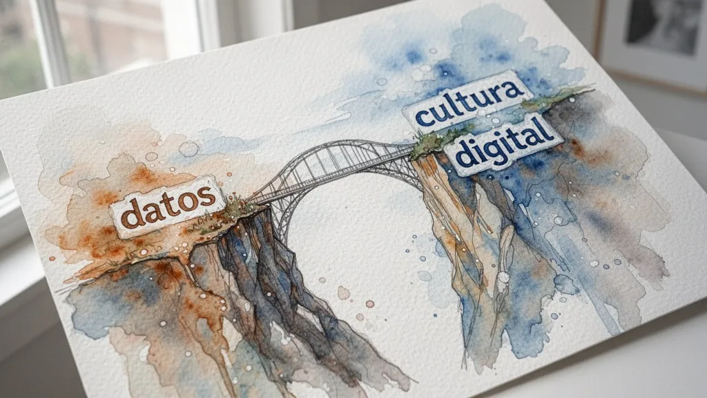 Acuarela de puente uniendo datos y cultura digital