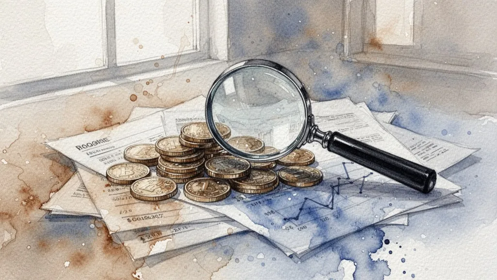 Watercolor of magnifying glass over coins and financial documents for AI implementation