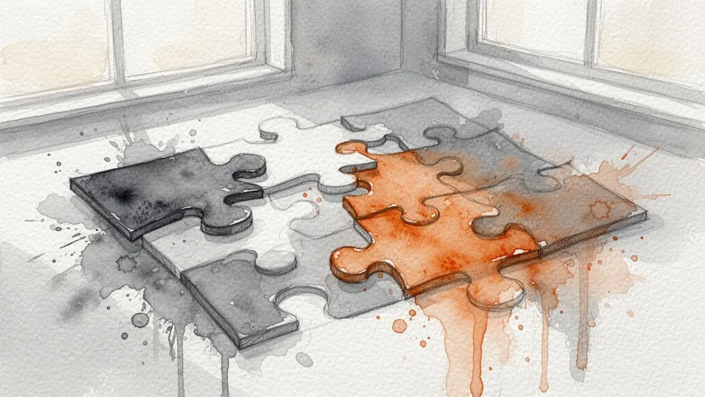 Watercolor puzzle with missing pieces representing data challenges in AI for finance