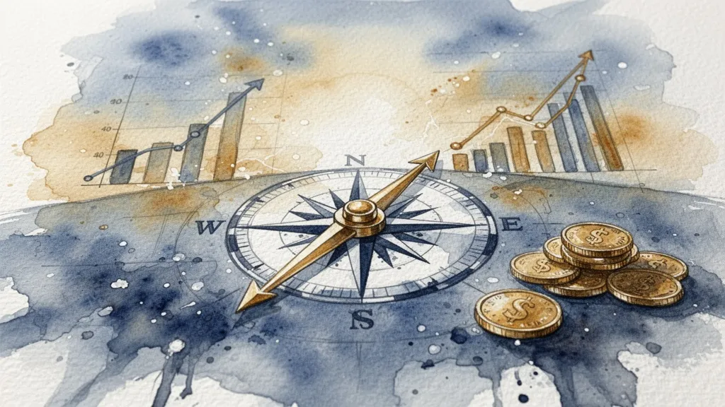 Watercolor compass pointing to financial future with AI models