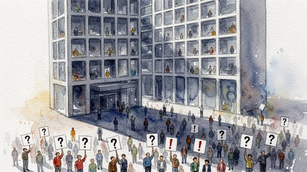 Acuarela de un gran edificio corporativo con personas diminutas fuera sosteniendo carteles de interrogación
