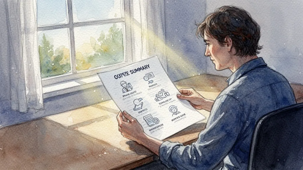 Acuarela de una persona leyendo un resumen de privacidad simple e icónico iluminado por el sol