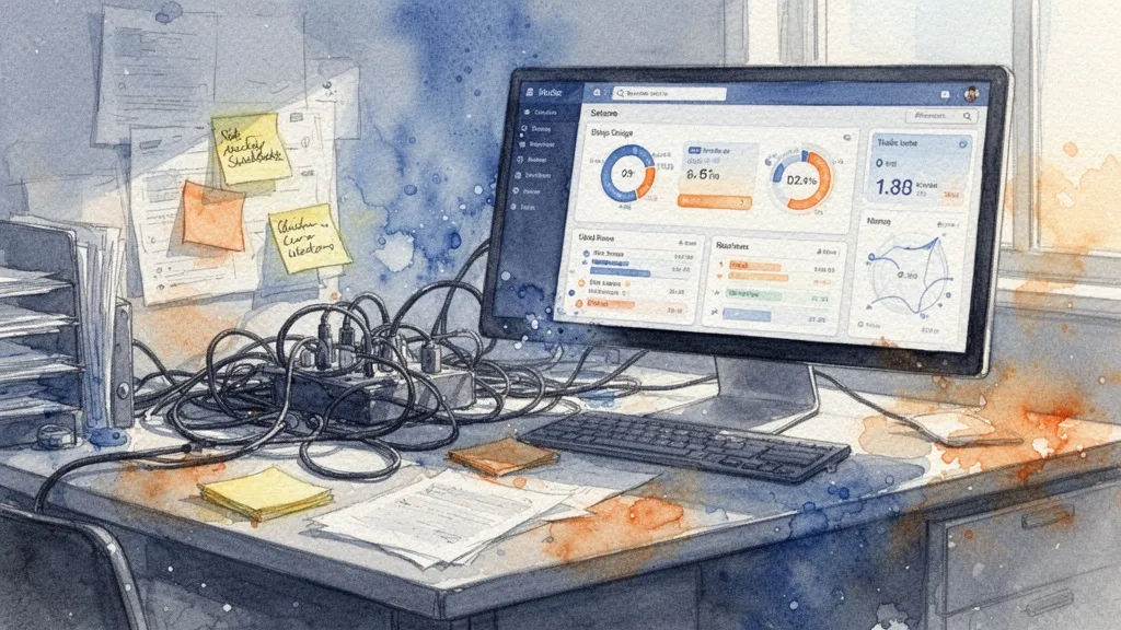 Chaotic desk transitioning to orderly digital dashboard watercolor
