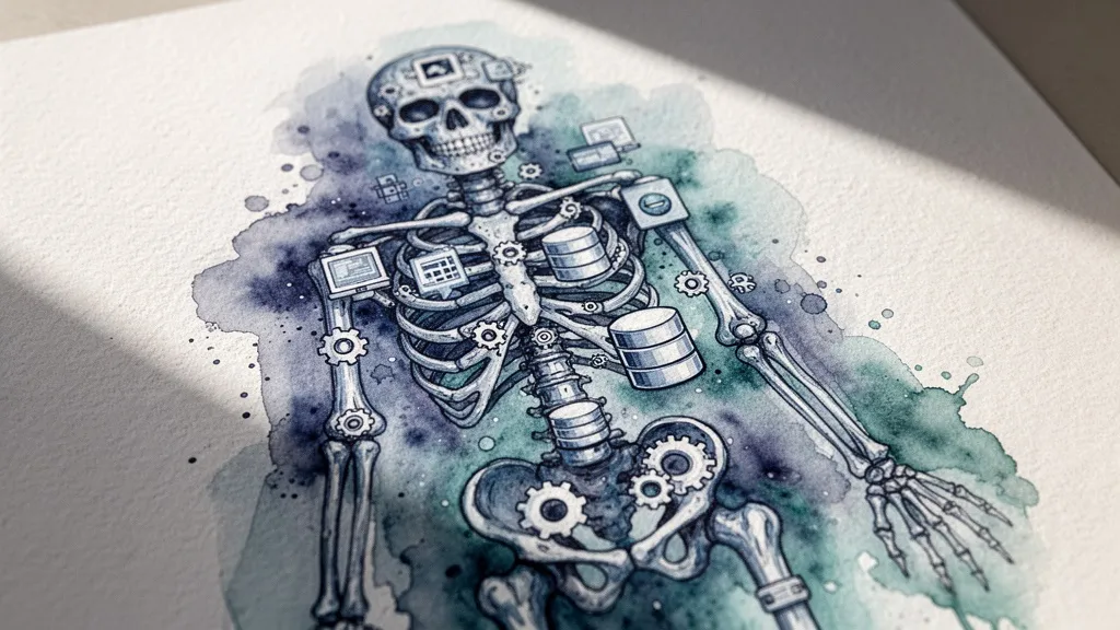 Skeleton composed of software icons and gears watercolor