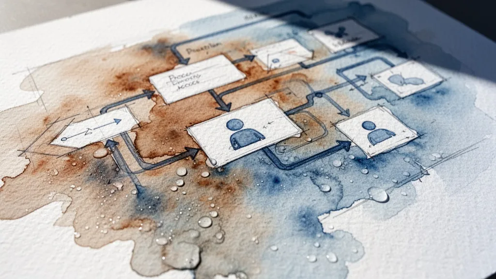 Watercolor blueprint of process flow with icons
