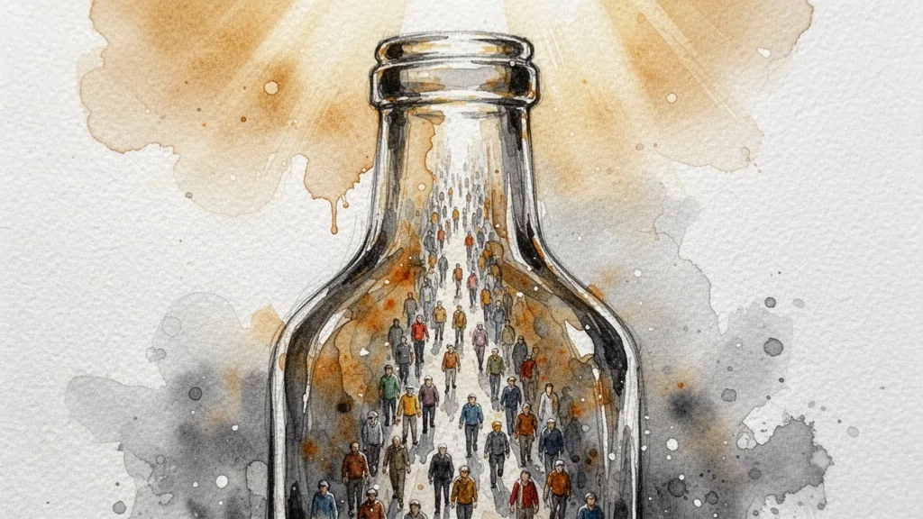 Bottleneck with crowd of people watercolor
