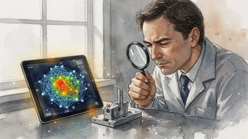 Watercolor of human inspector comparing manual inspection with AI neural network analysis on tablet