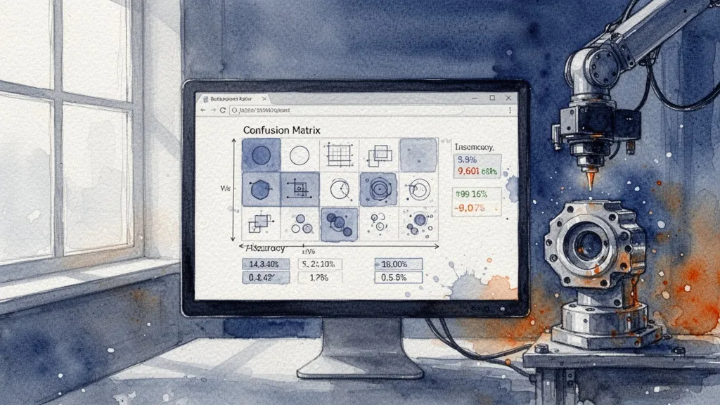 Watercolor representing AI precision metrics with a camera inspecting a metal part in the background