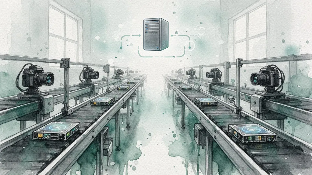 Watercolor of scalable AI inspection system with multiple production lines connected to a central server