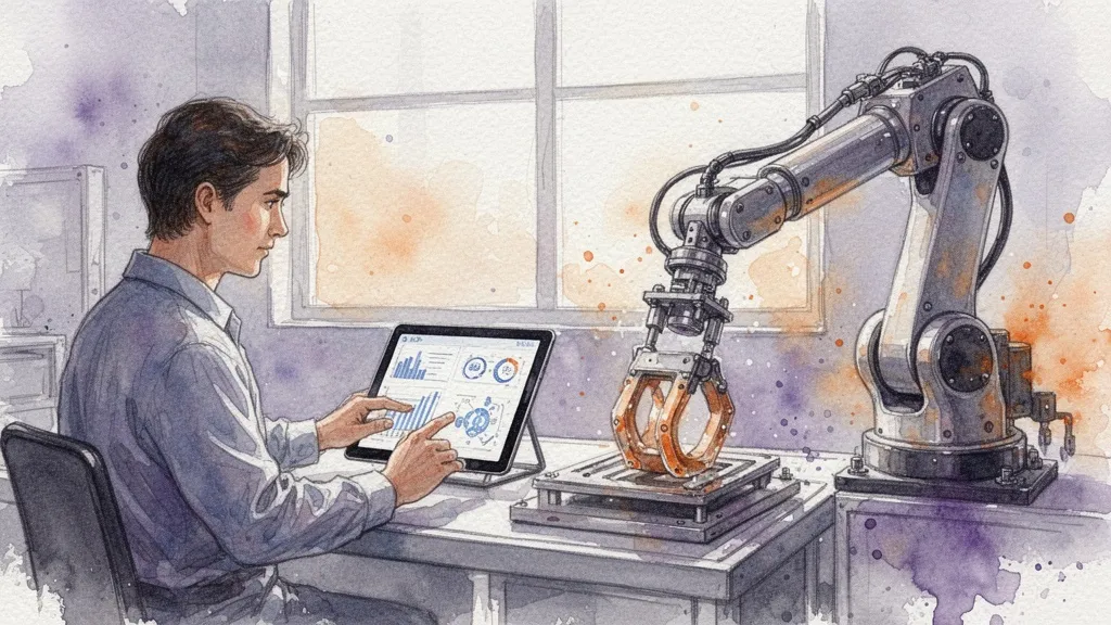 Watercolor of human-AI collaboration in quality control with operator reviewing AI results and robotic arm