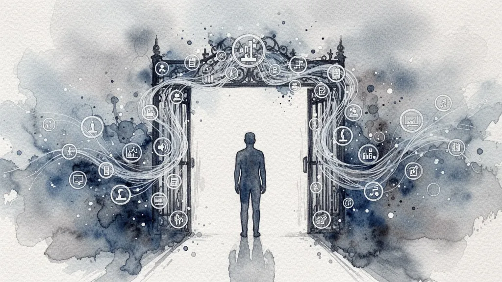 Watercolor border gate with data streams and human figure