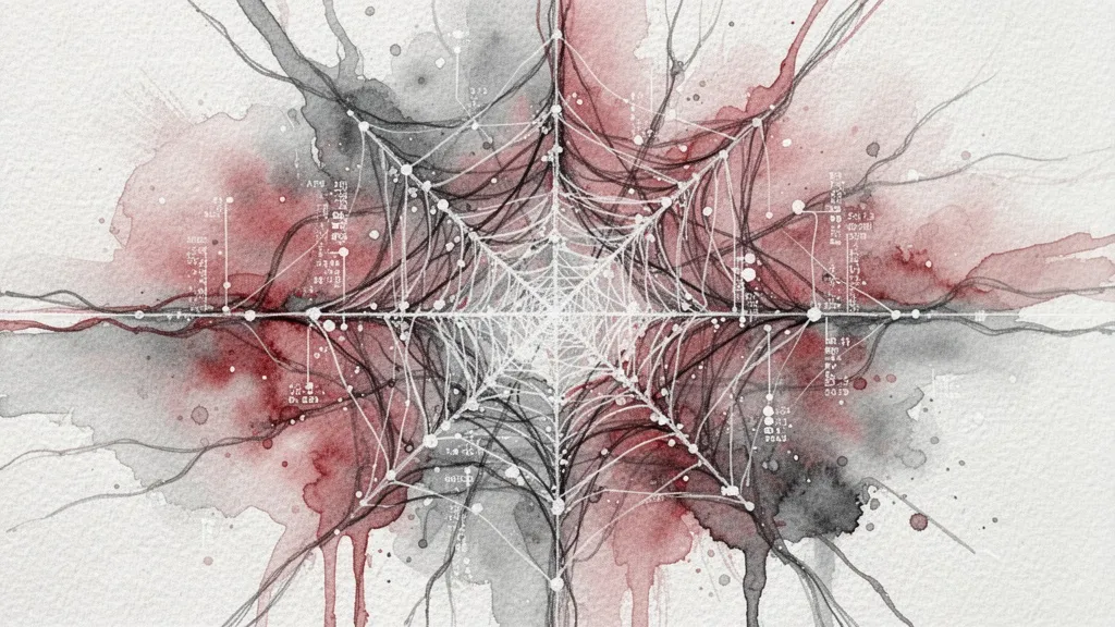Watercolor data web with historical bias patterns in red and gray