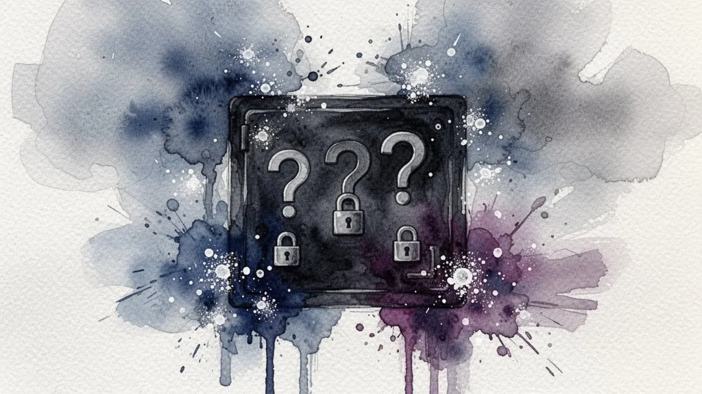Watercolor black box algorithm with question marks symbolizing opacity