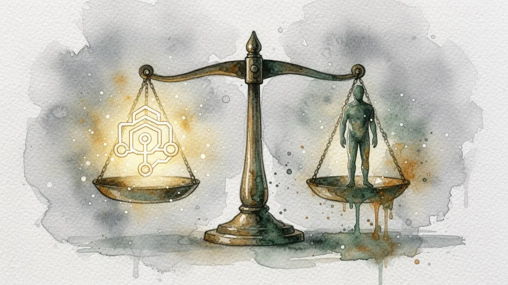 Watercolor scale balancing algorithm and human figure symbolizing efficiency vs justice