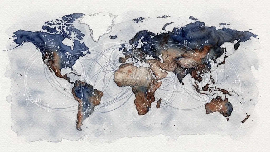 Watercolor world map with data streams highlighting global inequality in algorithmic migration