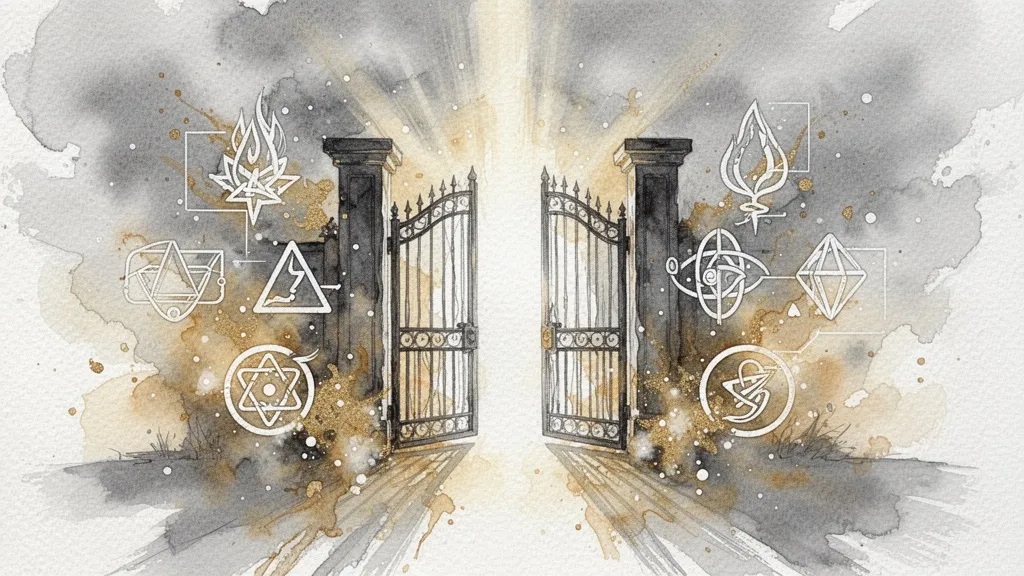Watercolor open digital gate with light symbolizing ethical governance of migration algorithms