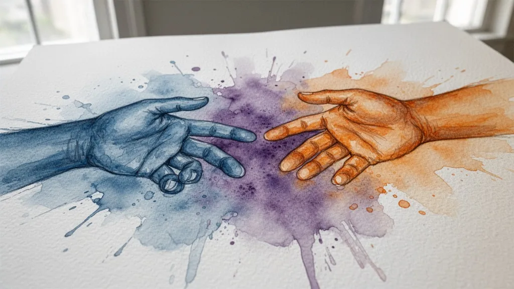 Watercolor hands representing data and creativity reaching toward each other