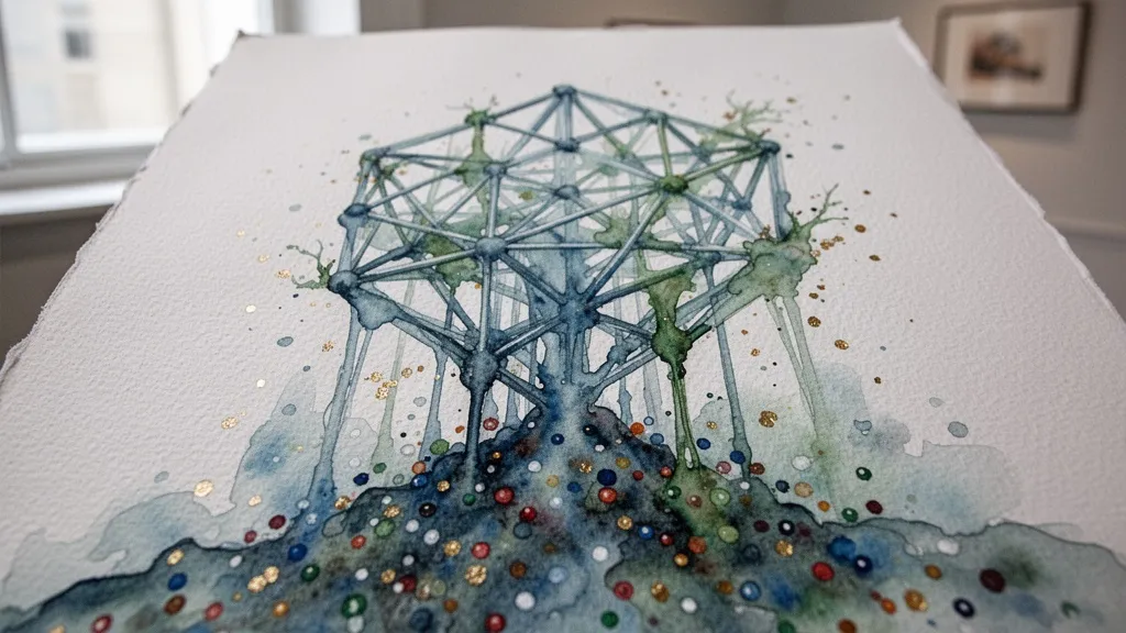 Watercolor geometric lattice growing from data points representing generative design