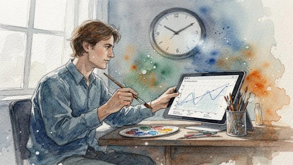 Watercolor artist with brush and tablet symbolizing productivity and creativity balanced