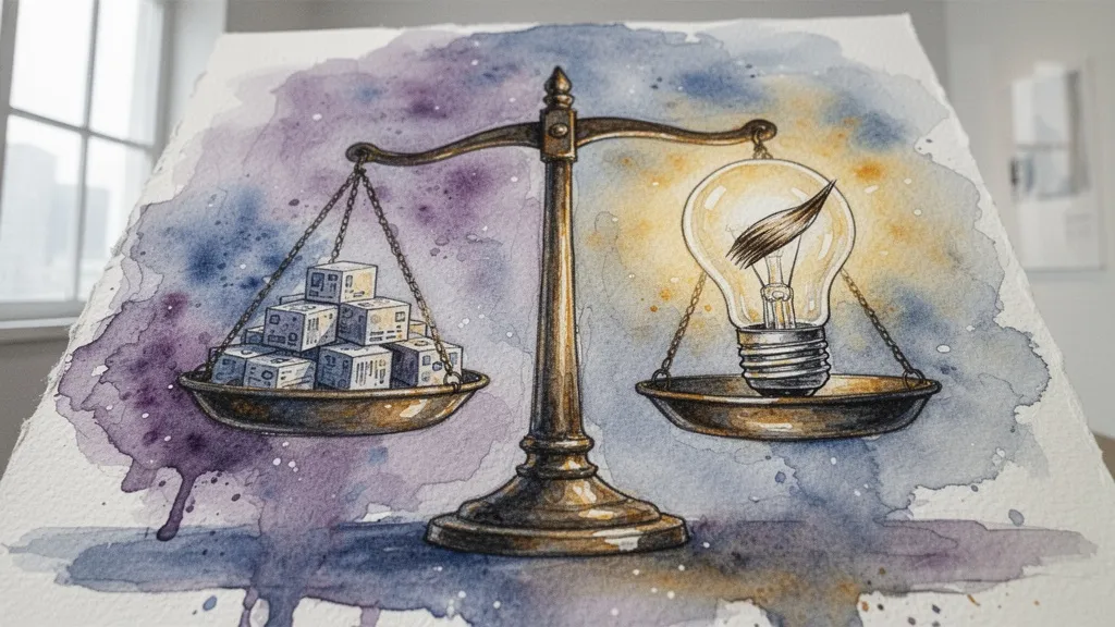 Watercolor scale balancing data cubes and a creative lightbulb