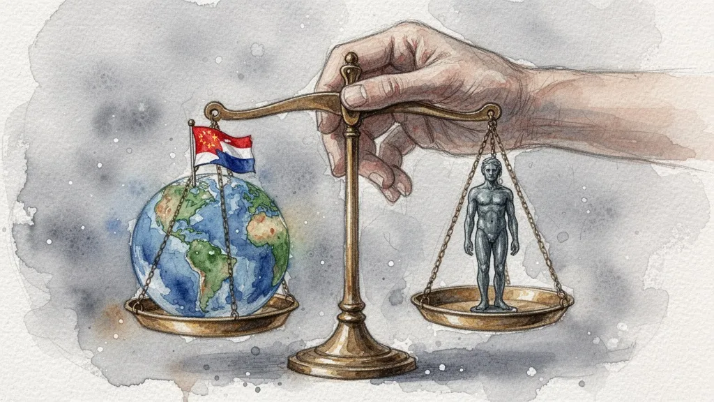Watercolor scale balancing sovereign globe and human figure representing algorithmic discrimination
