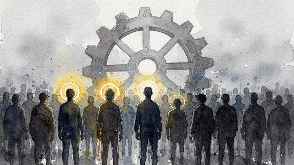 Watercolor diverse silhouettes with gear background symbolizing algorithmic discrimination