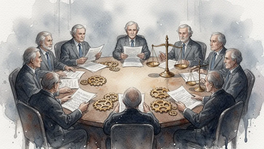 Watercolor roundtable with figures holding documents and gears symbolizing algorithmic governance