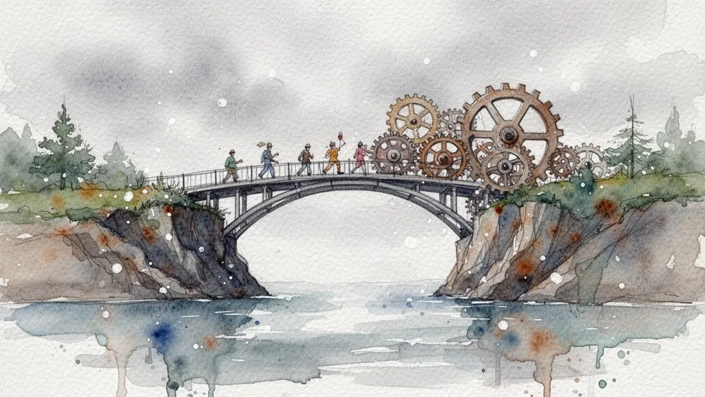 Watercolor bridge with gears and human figures symbolizing inclusive algorithmic sovereignty