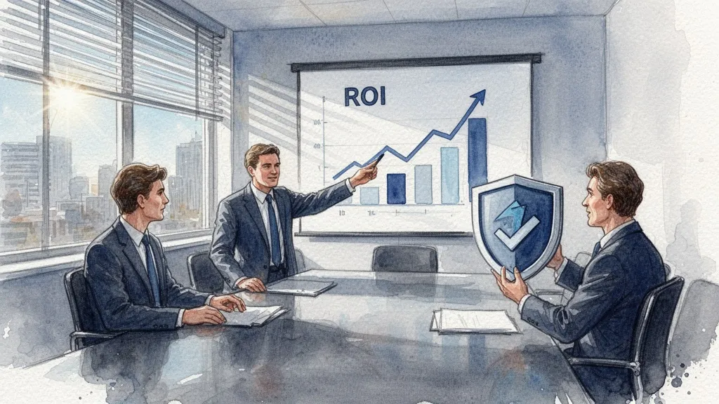 Reunión ejecutiva donde un directivo señala una gráfica de ROI con un escudo de seguridad en la mesa