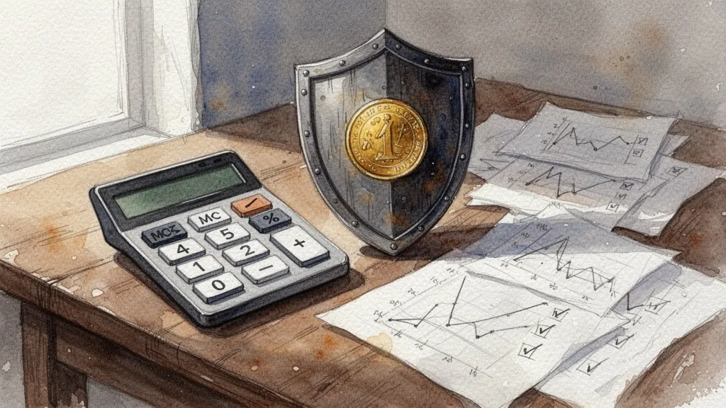 Calculadora, escudo con moneda y gráficos sobre una mesa de madera con acabado acuarela