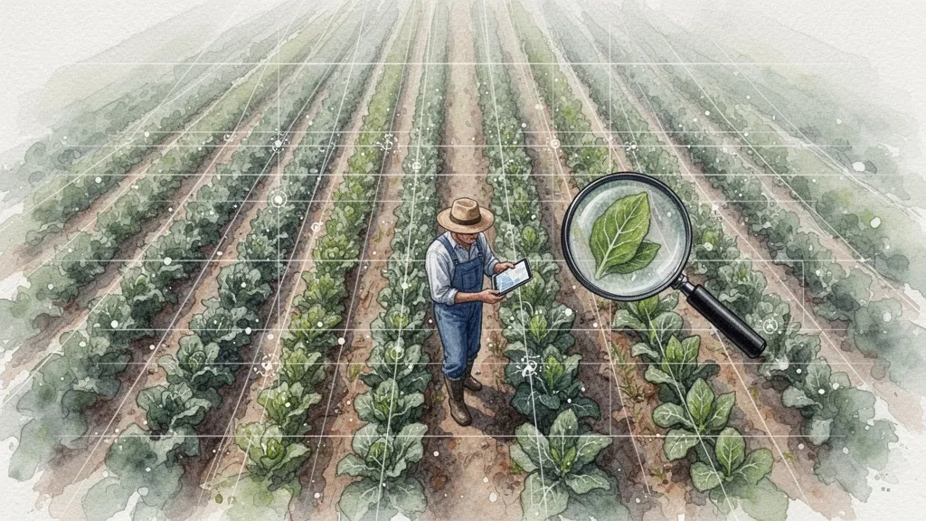 Agricultor inspeccionando cultivos con tablet, vista aérea de campo