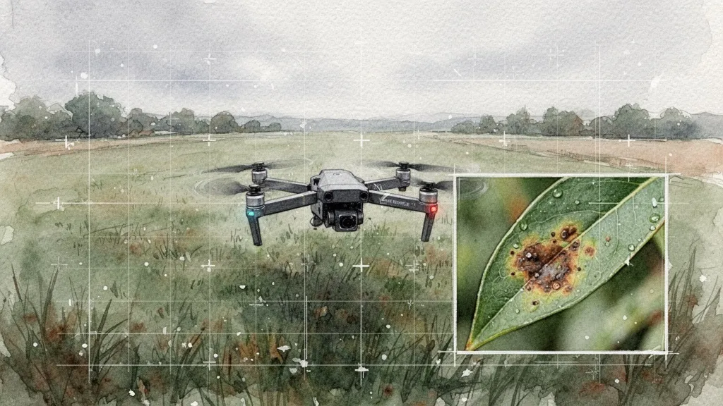 Dron sobrevolando cultivos con detalle de hoja enferma