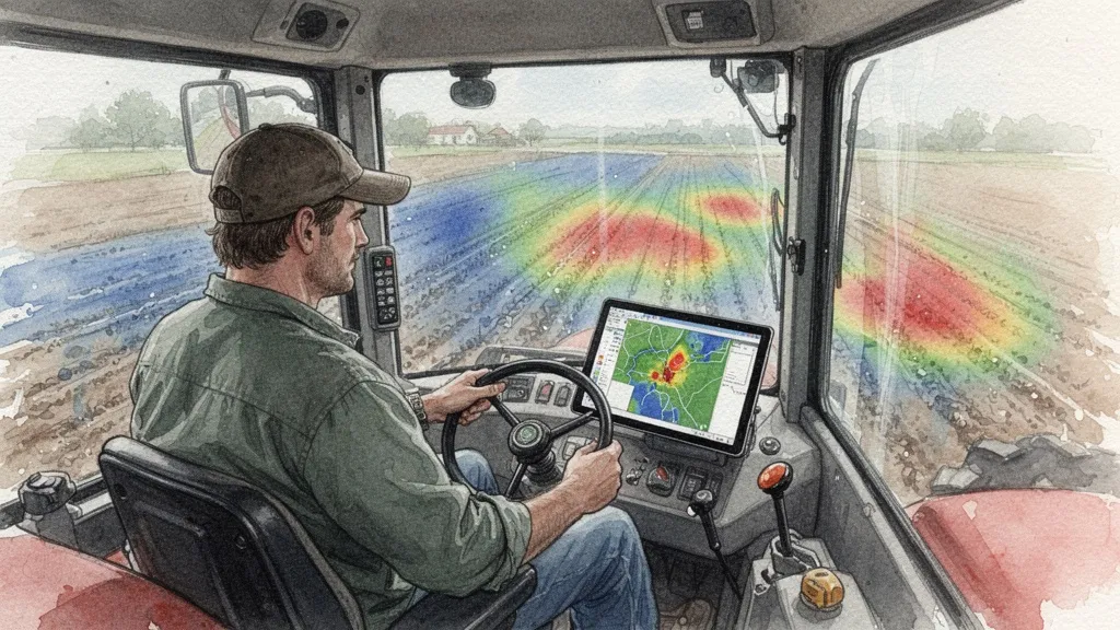 Agricultor revisando mapa de calor de plagas en tablet dentro de tractor