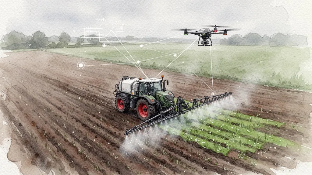Tractor pulverizador inteligente con conexión a dron en campo agrícola
