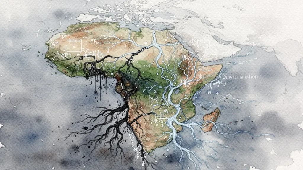 Watercolor map with algorithmic rivers representing sovereign AI and discrimination