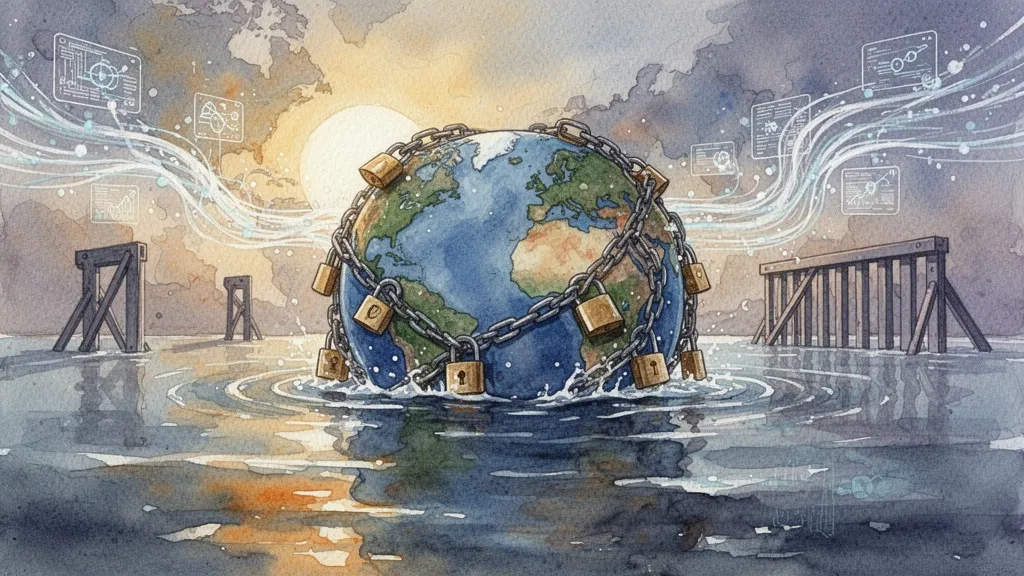 Globo terráqueo rodeado de cadenas sobre fondo acuoso, simbolizando soberanía de datos y control.