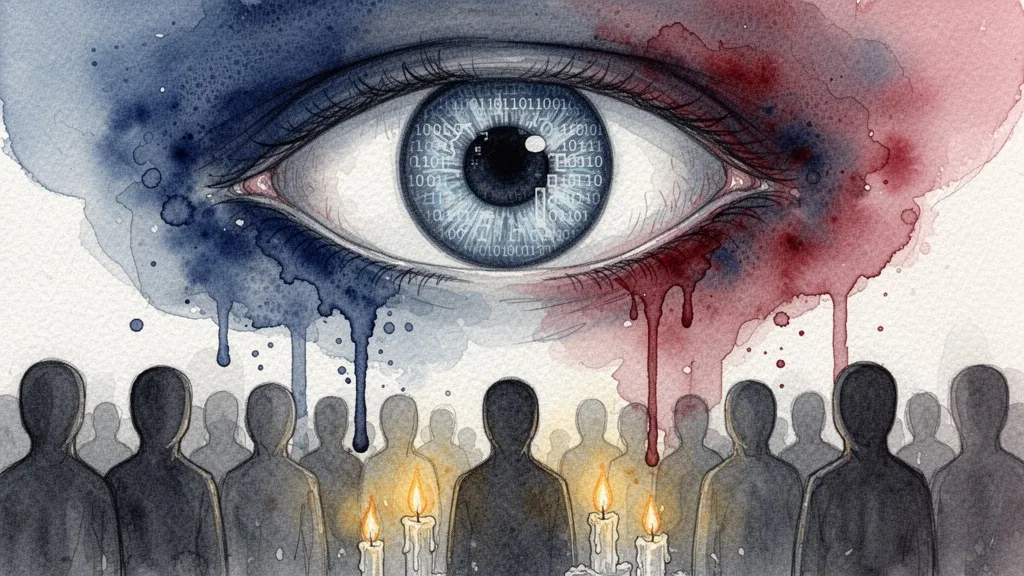 Acuarela de un ojo digital vigilante sobre una multitud de siluetas anónimas
